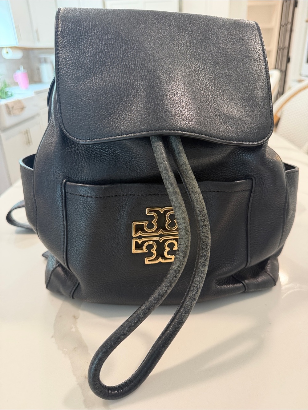 Tory Burch Black Leather Drawstring Backpack with Gold Logo